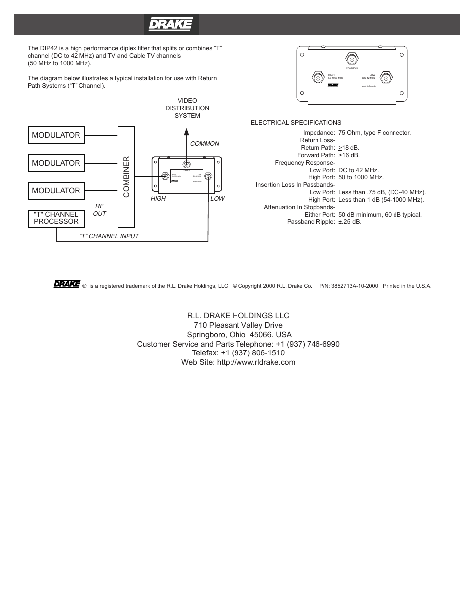Drake DIP42 Diplexer User Manual | 1 page