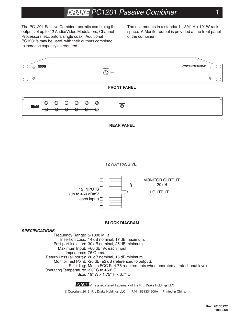 Drake PC1201 Passive Combiner – 1GHz User Manual | 2 pages