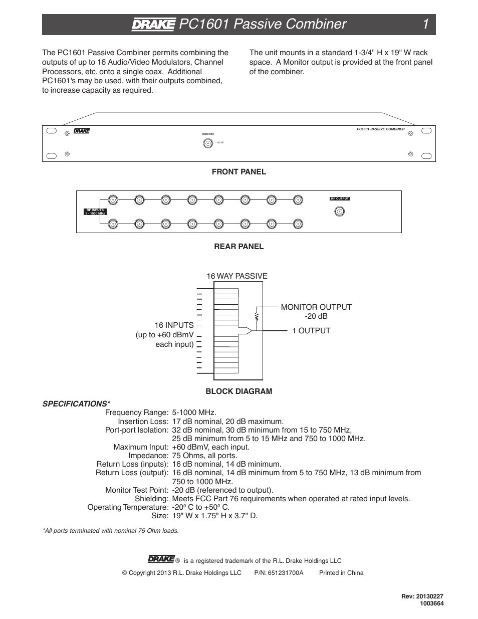 Drake PC1601 Passive Combiner – 1GHz User Manual | 2 pages
