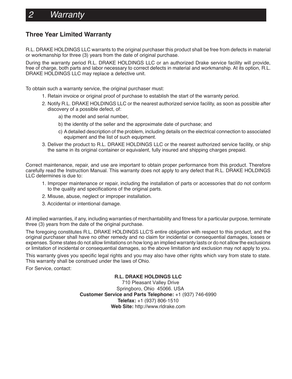 2 warranty, Three year limited warranty | Drake PC1601 Passive Combiner – 1GHz User Manual | Page 2 / 2