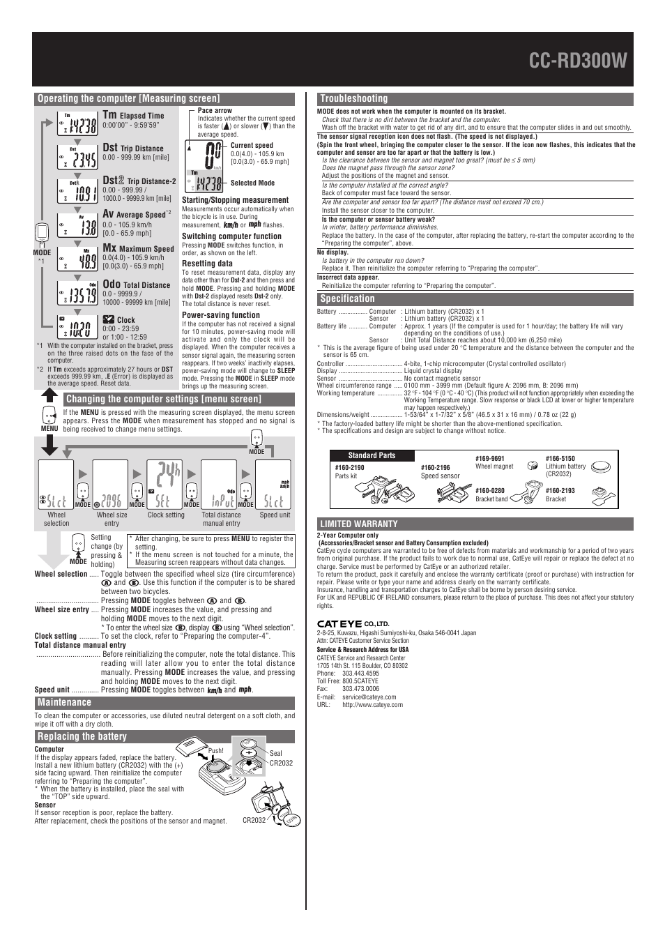 Cc-rd300w, Operating the computer [measuring screen, Changing the computer settings [menu screen | Maintenance, Replacing the battery, Troubleshooting, Specification | CatEye CC-CD300DW [Double Wireless] User Manual | Page 2 / 2
