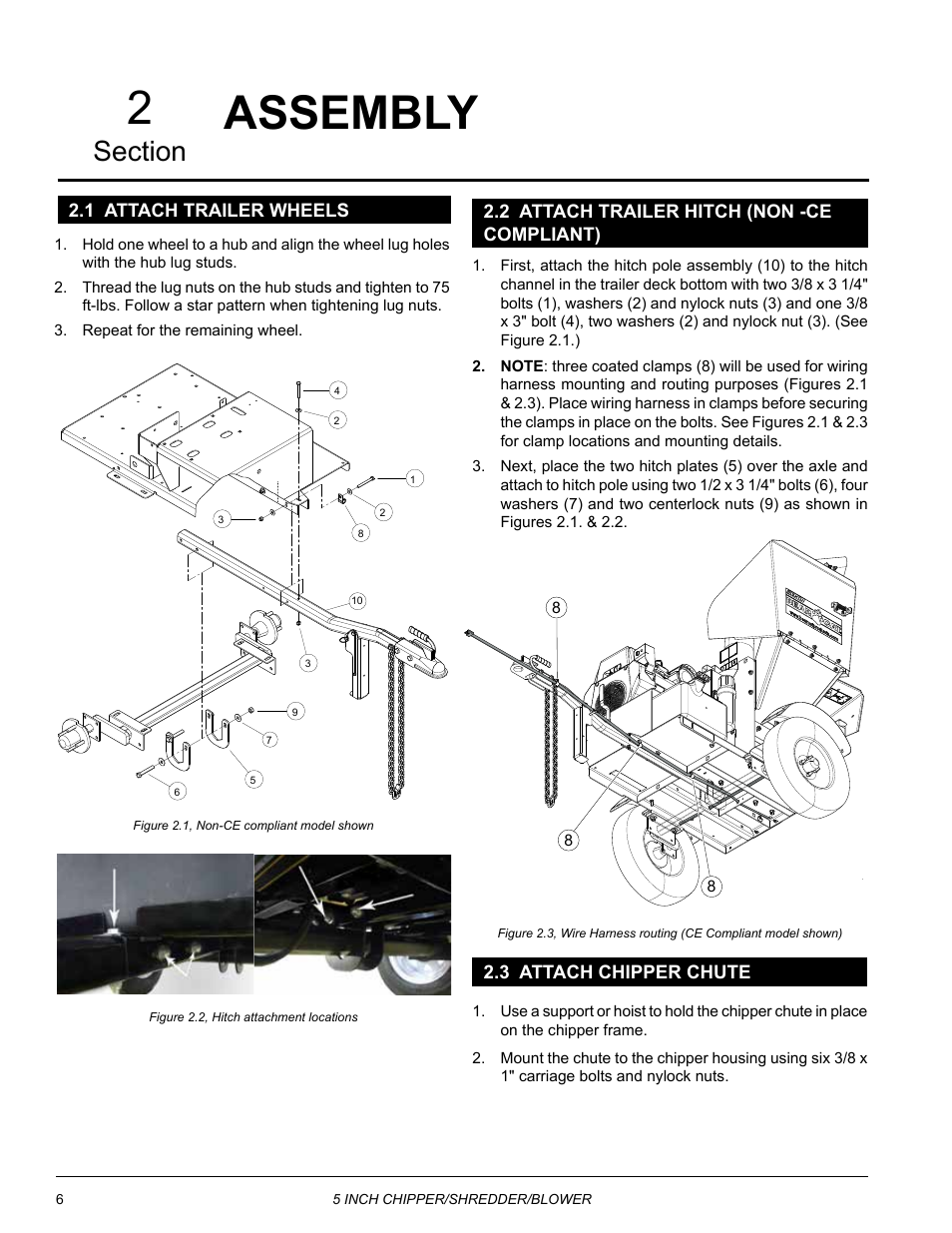 Assembly, 1 attach trailer wheels, 2 attach trailer hitch (non -ce compliant) | 3 attach chipper chute, Assembly 2 | Echo Bear Cat SC5720B User Manual | Page 10 / 30