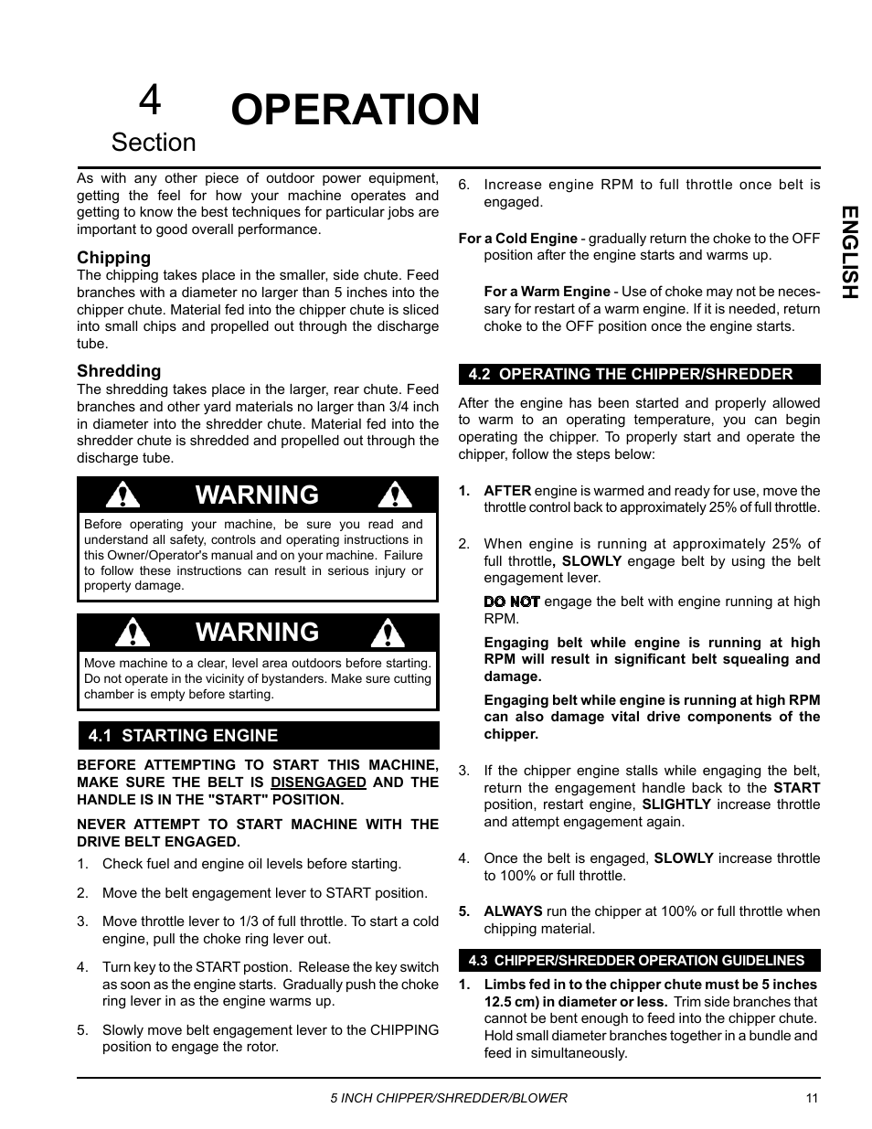 Operation, 1 starting machine, 2 stopping the machine | 3 shredder adjuster, 4 operation, Warning, English | Echo Bear Cat SC5720B User Manual | Page 15 / 30