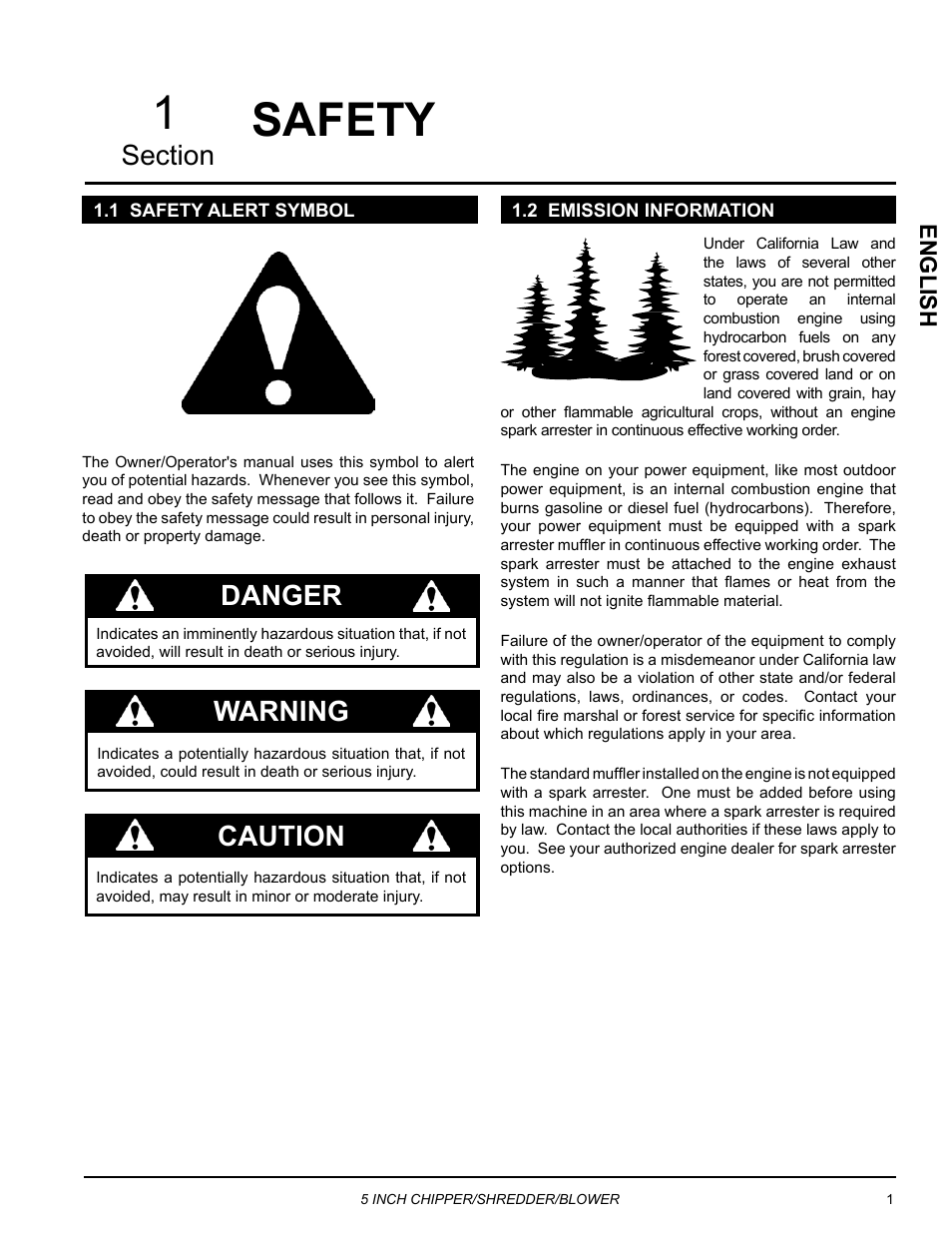 Safety, 1 safety alert symbol, 2 emission information | 1 safety alert symbol 1.2 emission information, Danger, Warning, Caution, English | Echo Bear Cat SC5720B User Manual | Page 5 / 30