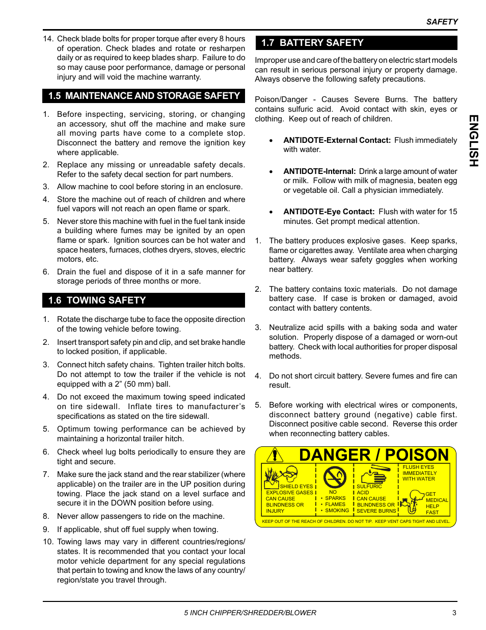 5 maintenance and storage safety, 6 towing safety, 7 battery safety | Danger / poison, English | Echo Bear Cat SC5720B User Manual | Page 7 / 30