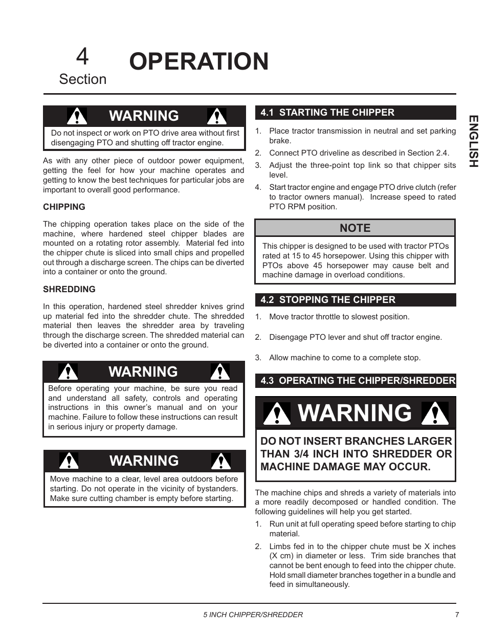 Operation, 1 starting the chipper, 2 stopping the chipper | 3 operating the chipper/shredder, Warning, English | Echo Bear Cat SC5540B User Manual | Page 11 / 24