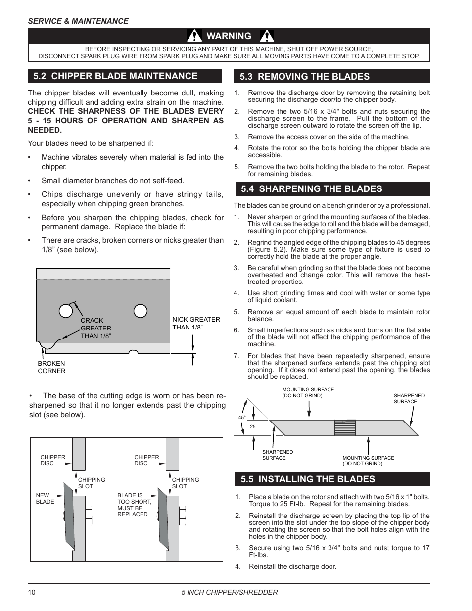 2 chipper blade maintenance, 3 removing the blades, 4 sharpening the blades | Warning, 5 installing the blades | Echo Bear Cat SC5540B User Manual | Page 14 / 24