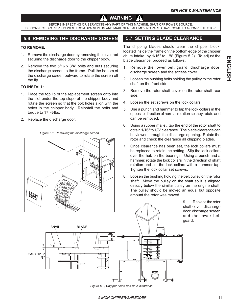 5 installing the blades, 6 removing the discharge screen, 7 setting blade clearance | English | Echo Bear Cat SC5540B User Manual | Page 15 / 24