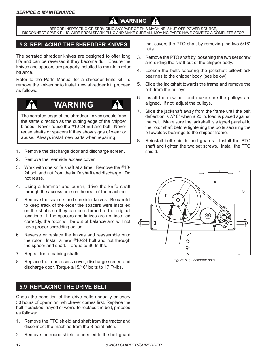 8 replacing the shredder knives, 9 replacing the drive belt, Warning | Echo Bear Cat SC5540B User Manual | Page 16 / 24