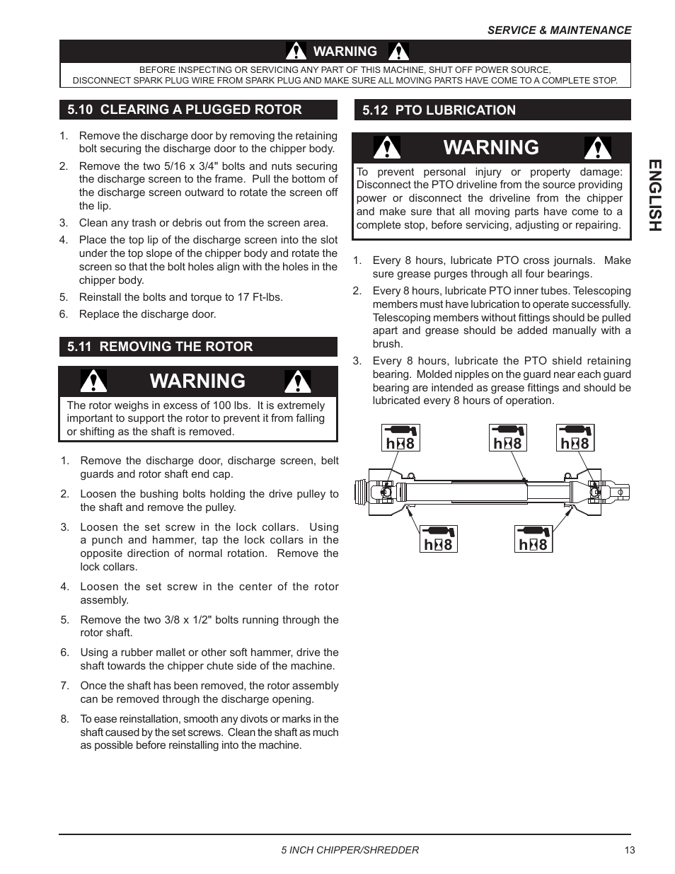 10 clearing a plugged rotor, 11 removing the rotor, 12 pto lubrication | Warning, English | Echo Bear Cat SC5540B User Manual | Page 17 / 24