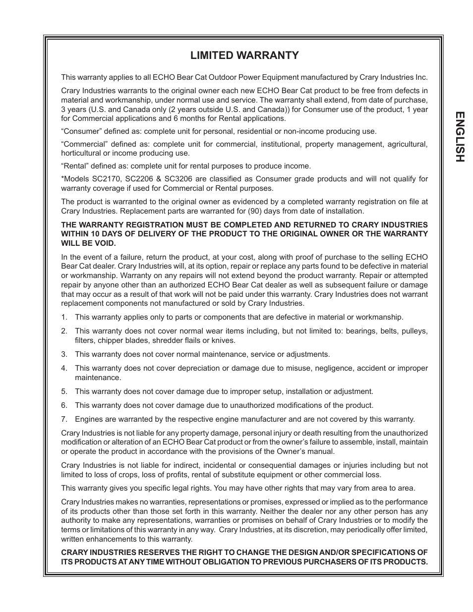 English, Limited warranty | Echo Bear Cat SC5540B User Manual | Page 3 / 24