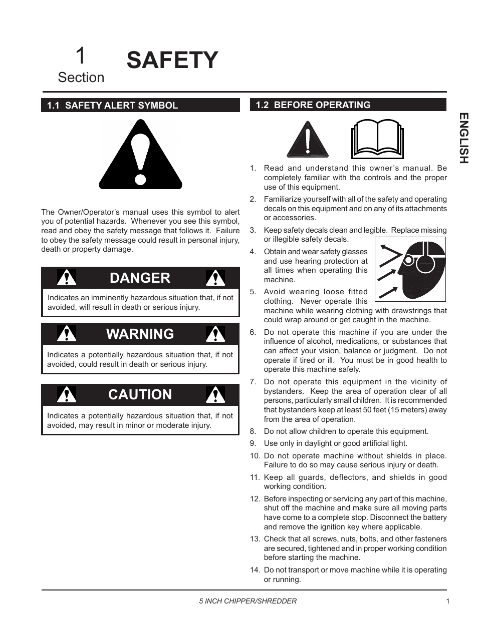 Safety, 1 safety alert symbol, 2 before operating | 1 safety alert symbol 1.2 before operating, Safety 1, Danger, Warning, Caution, English | Echo Bear Cat SC5540B User Manual | Page 5 / 24