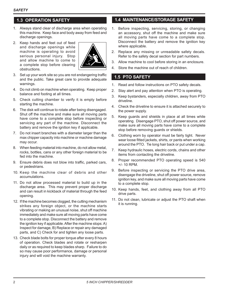 3 operation safety, 4 maintenance/storage safety, 5 pto safety | Echo Bear Cat SC5540B User Manual | Page 6 / 24