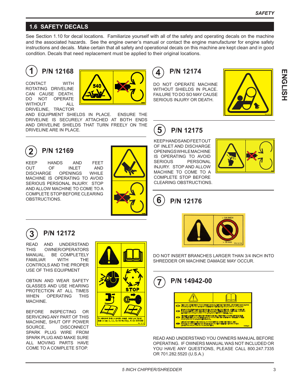 6 safety decals, English | Echo Bear Cat SC5540B User Manual | Page 7 / 24