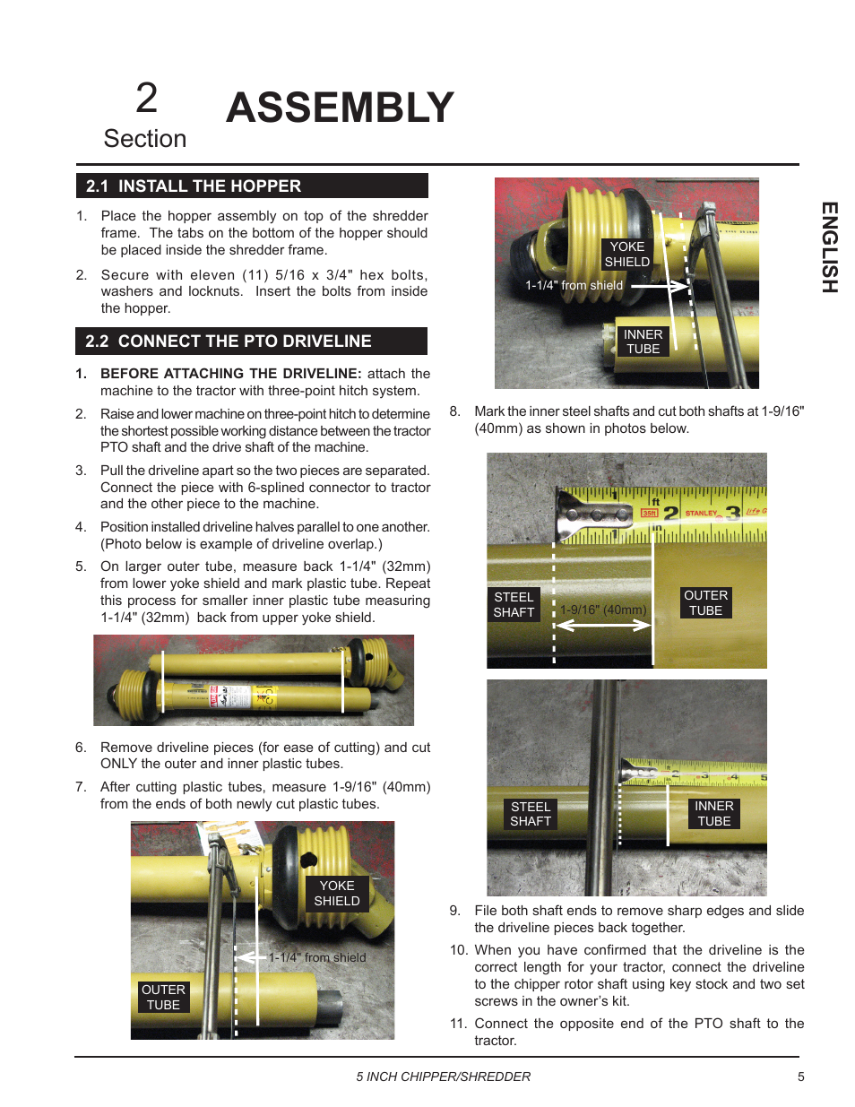 Assembly, 1 install the hopper, 2 connect the pto driveline | 1 install the hopper 2.2 connect the pto driveline, English | Echo Bear Cat SC5540B User Manual | Page 9 / 24