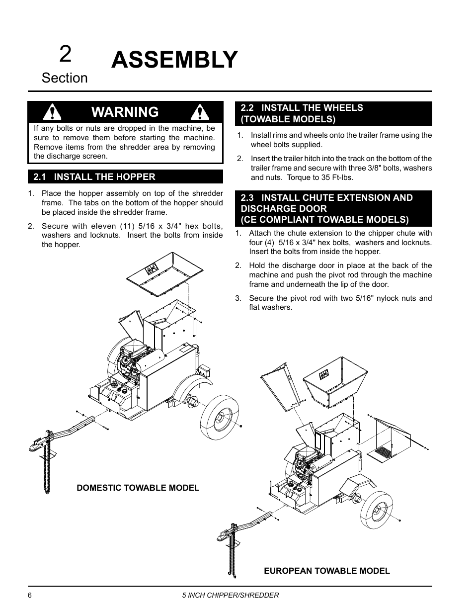 Assembly, 1 install the hopper, 2 install the wheels (towable models) | Able models), 2assembly, Warning | Echo Bear Cat SC5614 User Manual | Page 10 / 27