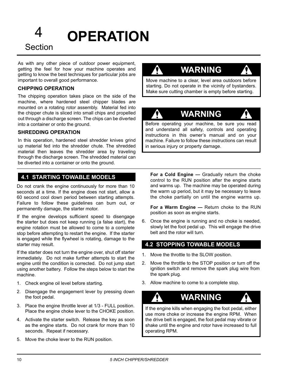 Operation, 1 starting towable models, 2 stopping towable models | 4operation, Warning | Echo Bear Cat SC5614 User Manual | Page 14 / 27