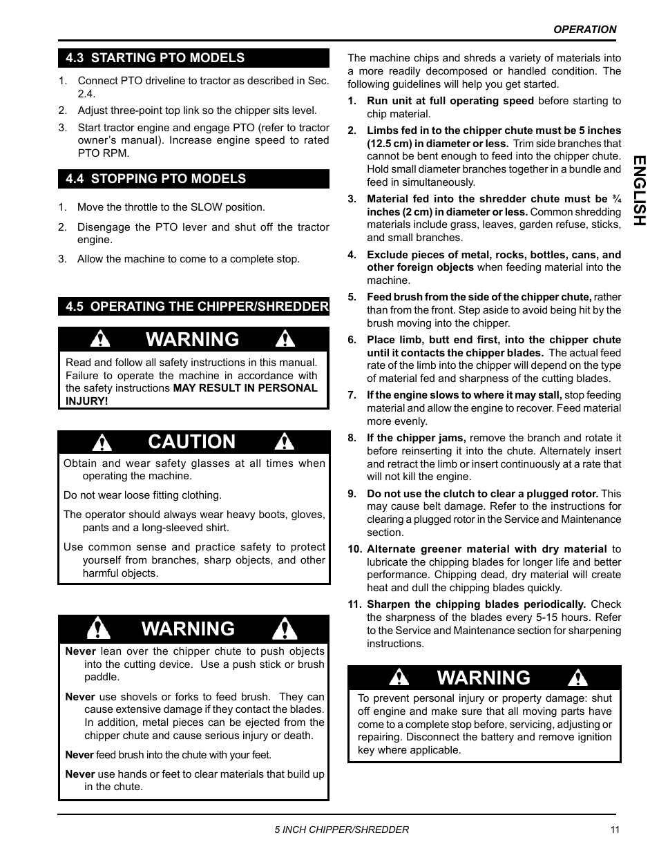 3 starting pto models, 4 stopping pto models, 5 operating the chipper/shredder | Warning, Caution, Engli sh | Echo Bear Cat SC5614 User Manual | Page 15 / 27