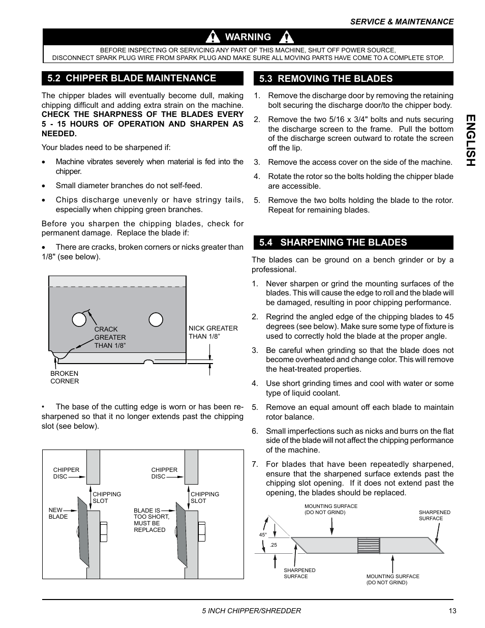 2 chipper blade maintenance, 3 removing the blades, 4 sharpening the blades | Engli sh, Warning | Echo Bear Cat SC5614 User Manual | Page 17 / 27