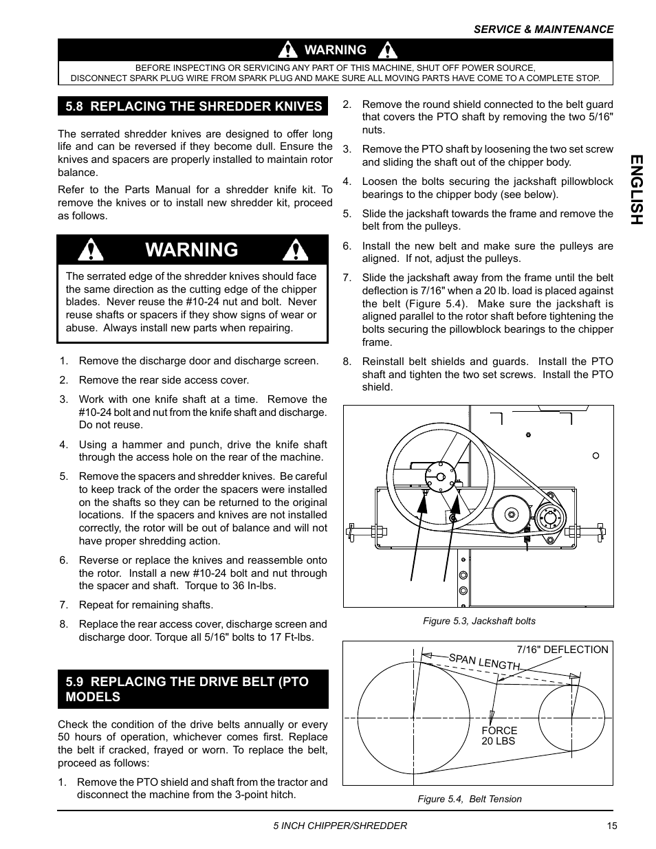 8 replacing the shredder knives, 9 replacing the drive belt (pto models, Warning | Engli sh | Echo Bear Cat SC5614 User Manual | Page 19 / 27