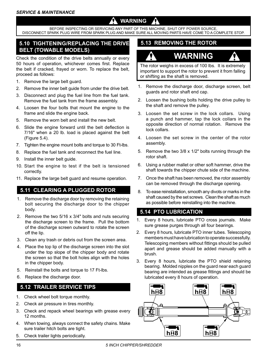 11 clearing a plugged rotor, 12 trailer service tips, 13 removing the rotor | 14 pto lubrication, Warning | Echo Bear Cat SC5614 User Manual | Page 20 / 27