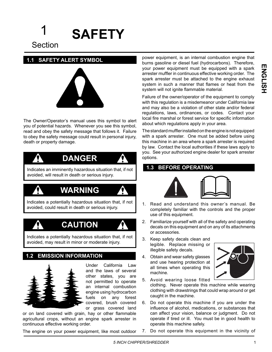 Safety, 1 safety alert symbol, 2 emission information | 3 before operating, 1safety, Danger, Warning, Caution, Engli sh | Echo Bear Cat SC5614 User Manual | Page 5 / 27
