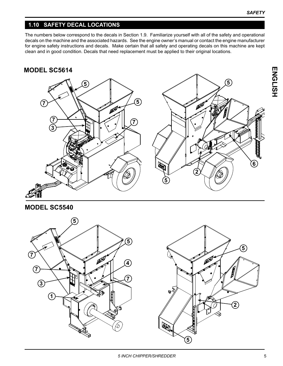 10 safety decal locations, Engli sh | Echo Bear Cat SC5614 User Manual | Page 9 / 27