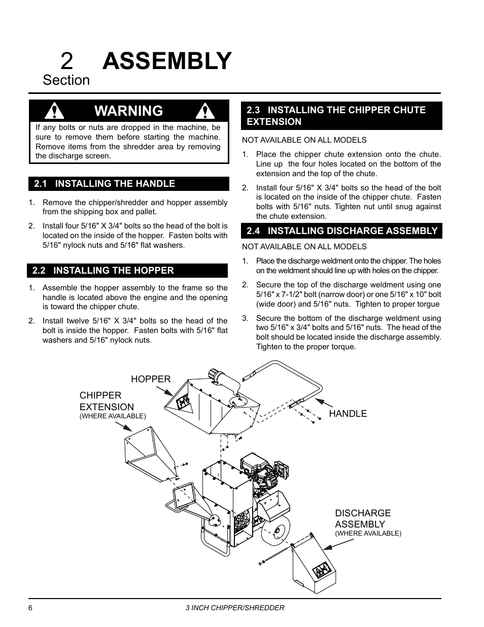 Assembly, 1 installing the handle, 2 installing the hopper | 3 installing the chipper chute extension, 4 installing discharge assembly, Assembly 2, Warning | Echo Bear Cat SC3305 User Manual | Page 10 / 48