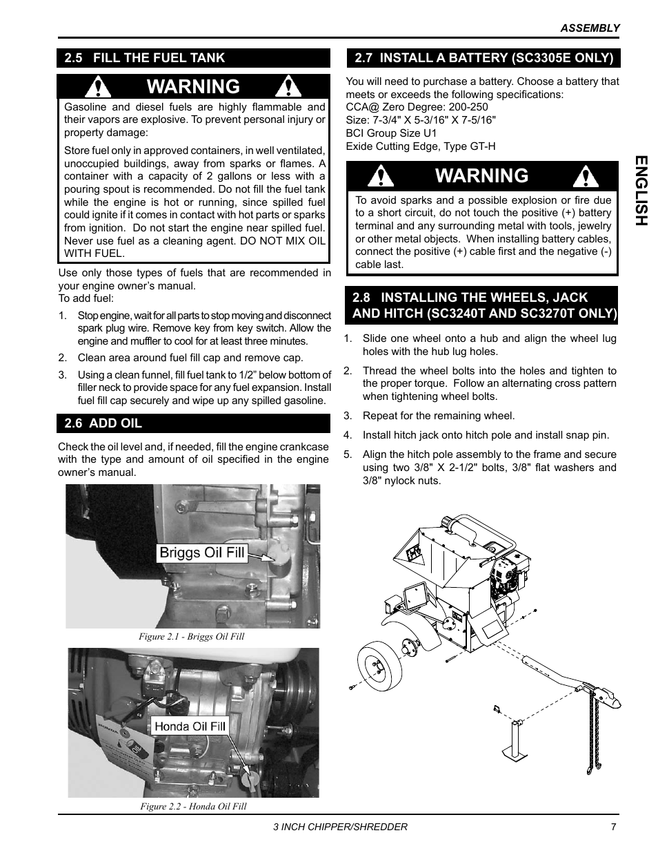5 fill the fuel tank, 6 add oil, 7 install a battery (sc3305e only) | Sc3240t and sc3270t only), Warning, Engli sh | Echo Bear Cat SC3305 User Manual | Page 11 / 48