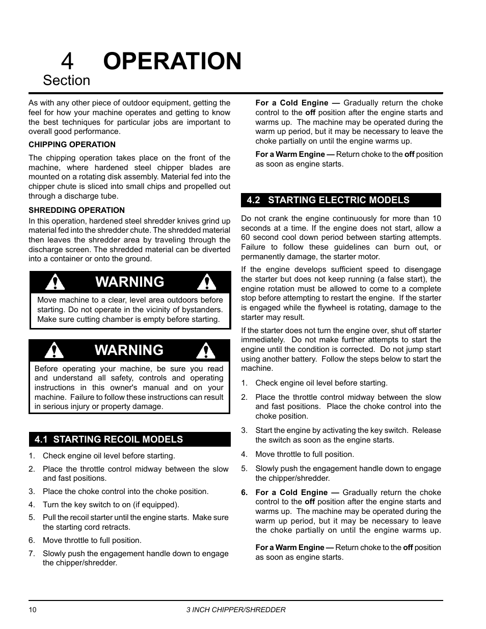 Operation, 1 starting recoil models, 2 starting electric models | Warning | Echo Bear Cat SC3305 User Manual | Page 14 / 48