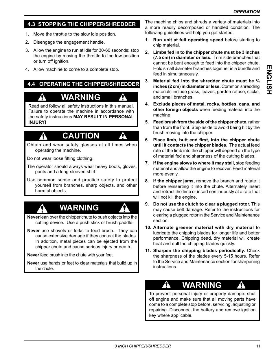 3 stopping the chipper/shredder, 4 operating the chipper/shredder, Warning | Caution, Engli sh | Echo Bear Cat SC3305 User Manual | Page 15 / 48