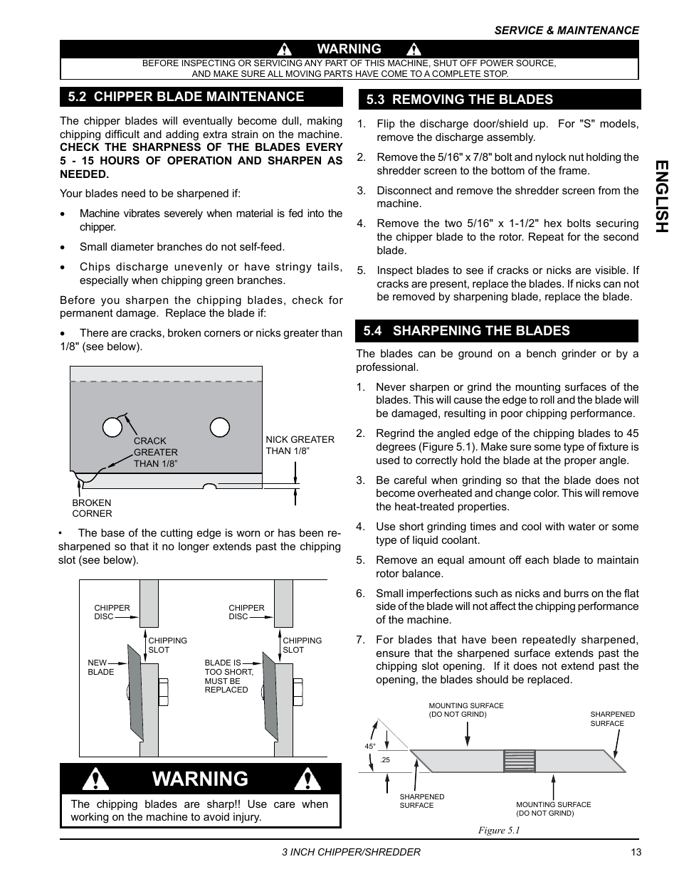 2 chipper blade maintenance, 3 removing the blades, 4 sharpening the blades | Warning, Engli sh | Echo Bear Cat SC3305 User Manual | Page 17 / 48