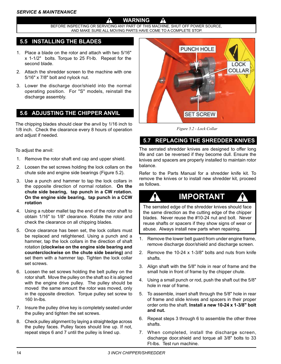 5 installing the blades, 6 adjusting the chipper anvil, 7 replacing the shredder knives | Important | Echo Bear Cat SC3305 User Manual | Page 18 / 48