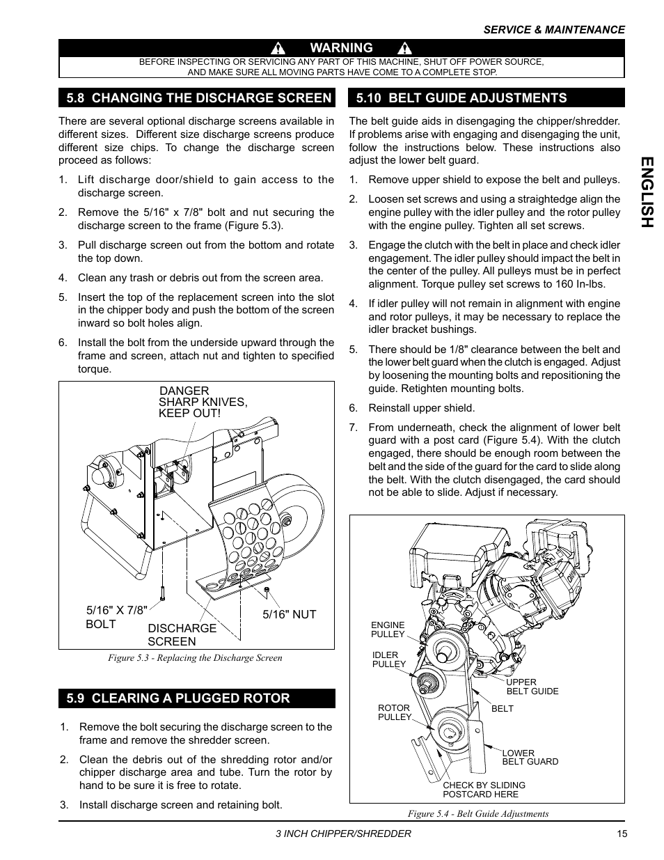 8 changing the discharge screen, 9 clearing a plugged rotor, 10 belt guide adjustments | Engli sh | Echo Bear Cat SC3305 User Manual | Page 19 / 48