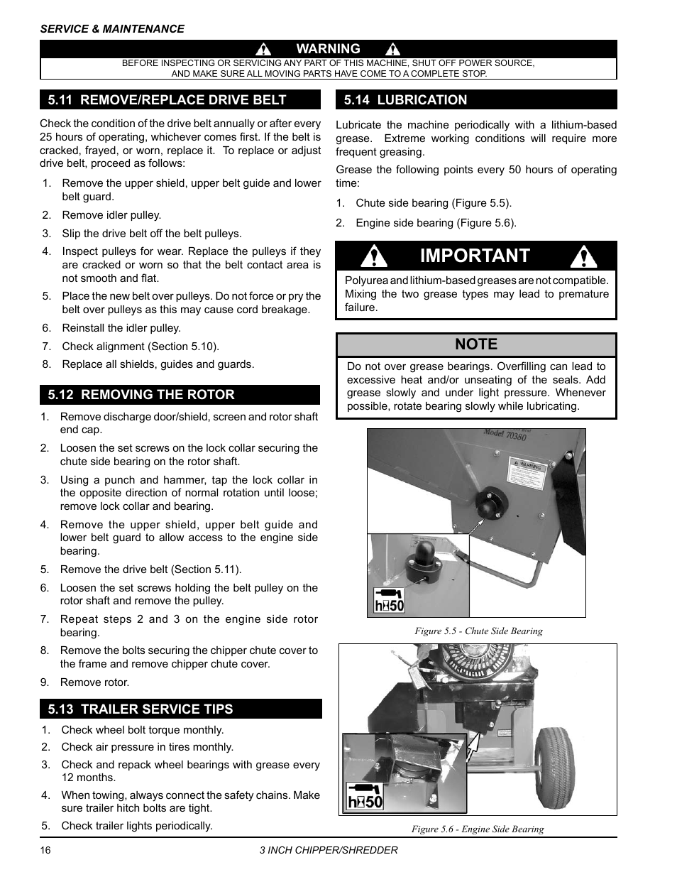 11 remove/replace drive belt, 12 removing the rotor, 13 trailer service tips | 14 lubrication, Important | Echo Bear Cat SC3305 User Manual | Page 20 / 48