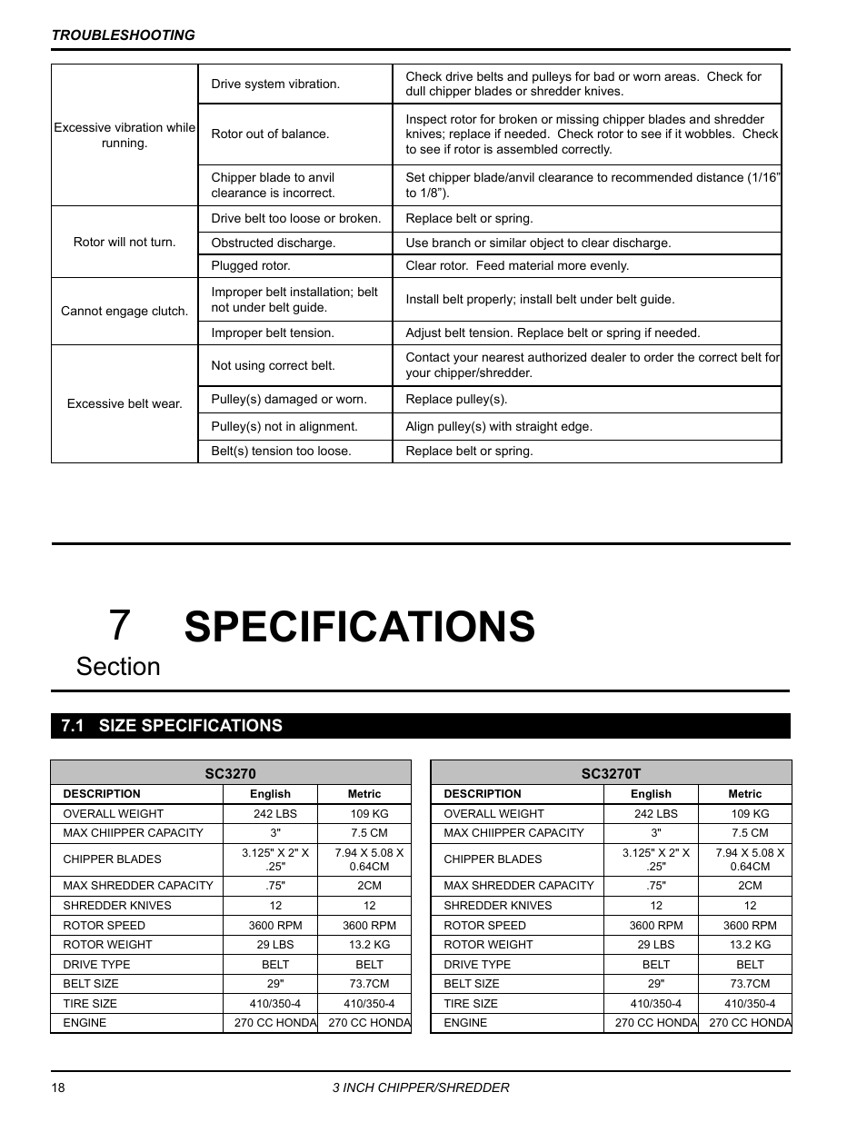 Specifications, 1 size specifications | Echo Bear Cat SC3305 User Manual | Page 22 / 48
