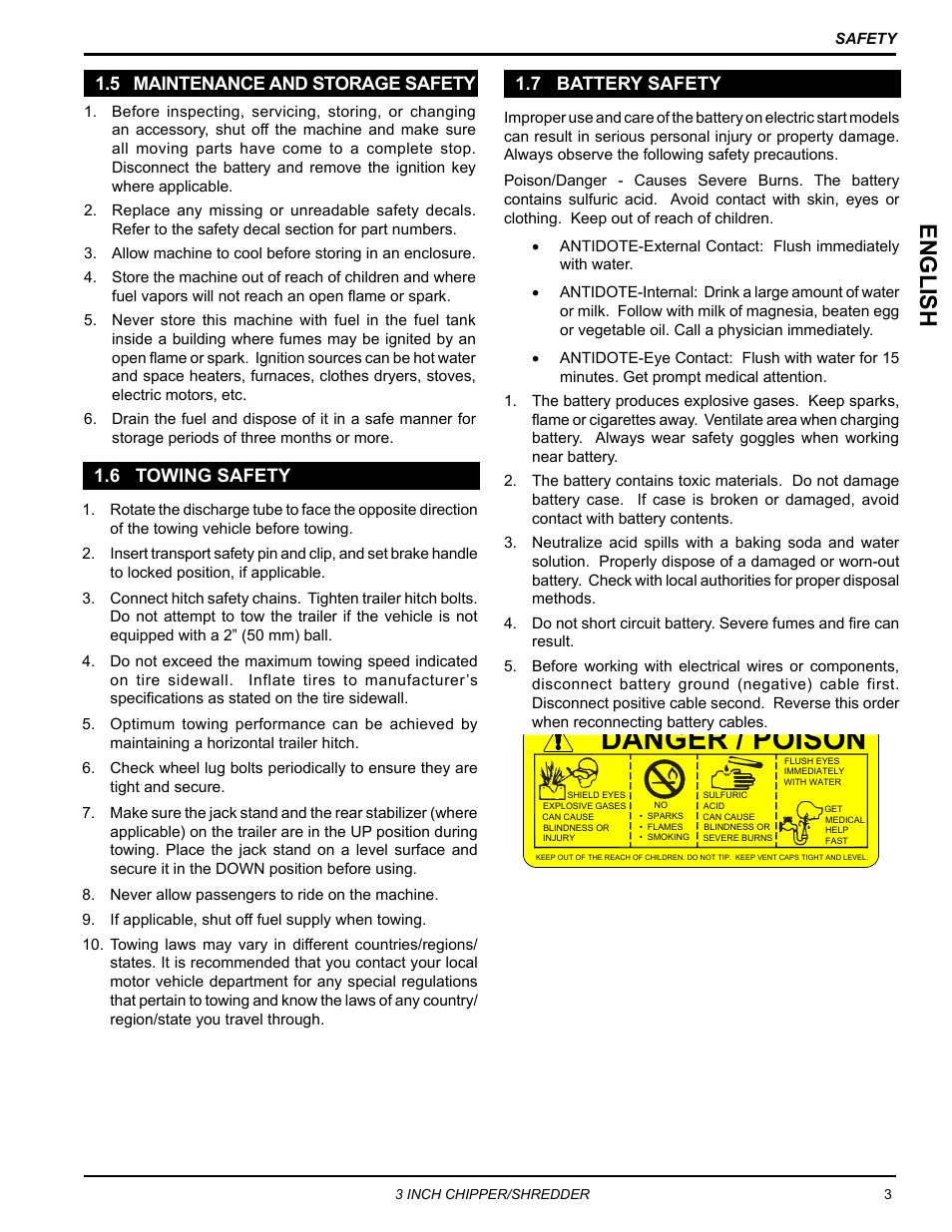 5 maintenance and storage safety, 6 towing safety, 7 battery safety | Danger / poison, Engli sh | Echo Bear Cat SC3305 User Manual | Page 7 / 48