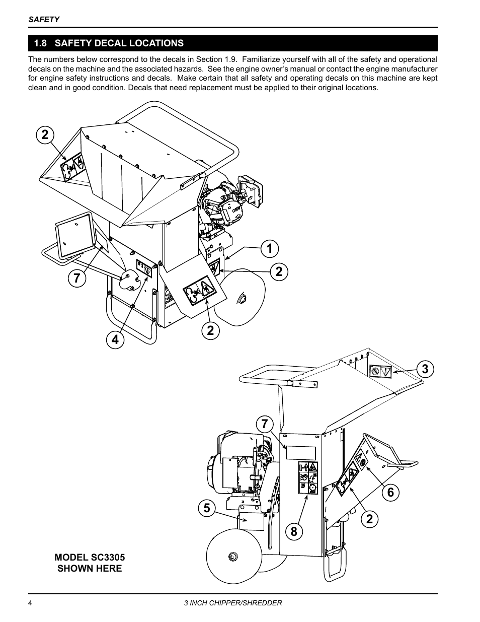 8 safety decal locations | Echo Bear Cat SC3305 User Manual | Page 8 / 48