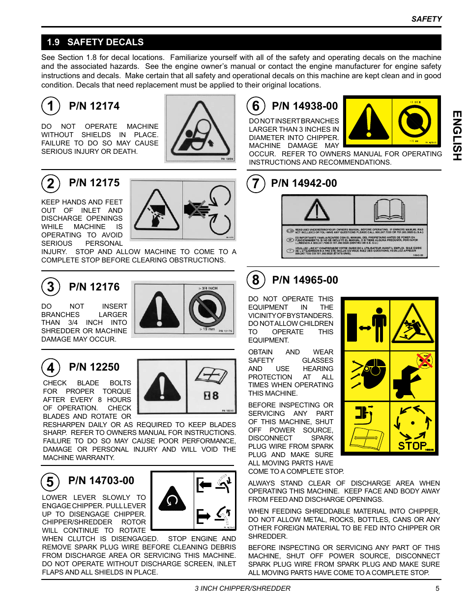 9 safety decals, Engli sh | Echo Bear Cat SC3305 User Manual | Page 9 / 48
