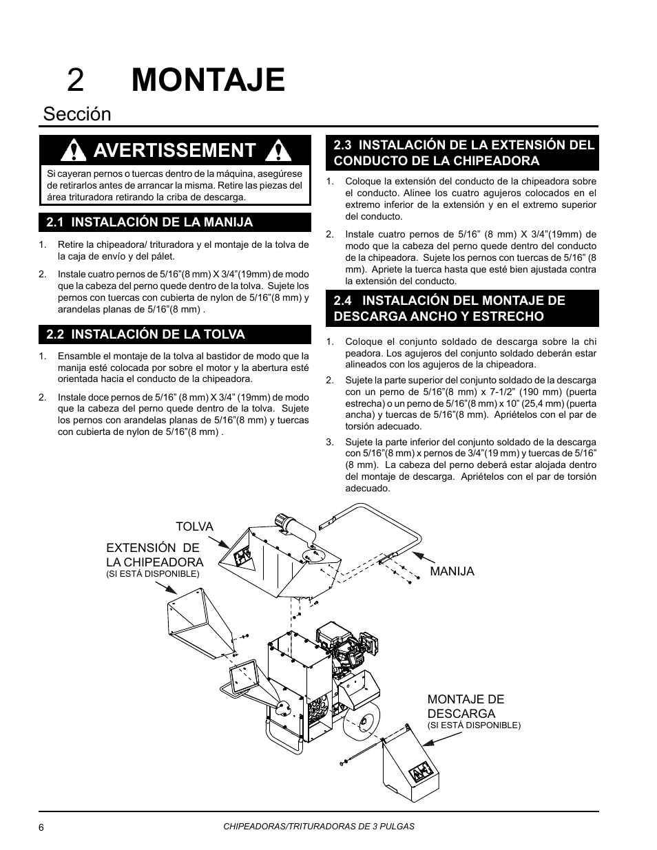 Montaje, 1 instalación de la manija, 2 instalación de la tolva | 2montaje, Sección, Avertissement | Echo Bear Cat SC3270T User Manual | Page 10 / 47