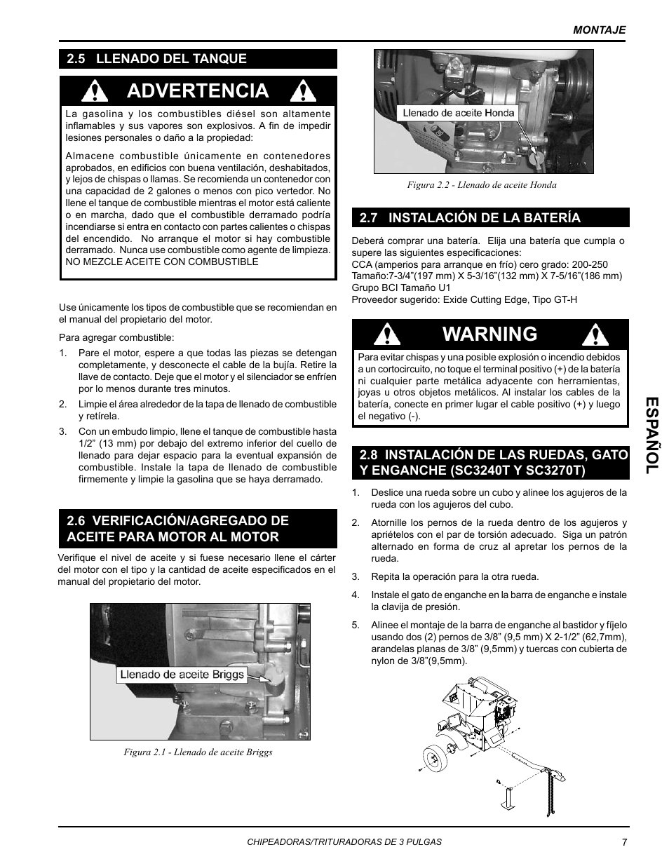 5 llenado del tanque, 7 instalación de la batería, Warning | Advertencia, Esp añol | Echo Bear Cat SC3270T User Manual | Page 11 / 47