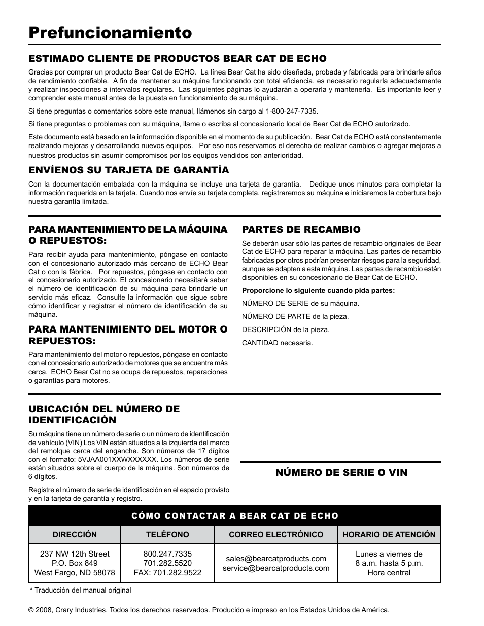 Prefuncionamiento | Echo Bear Cat SC3270T User Manual | Page 2 / 47