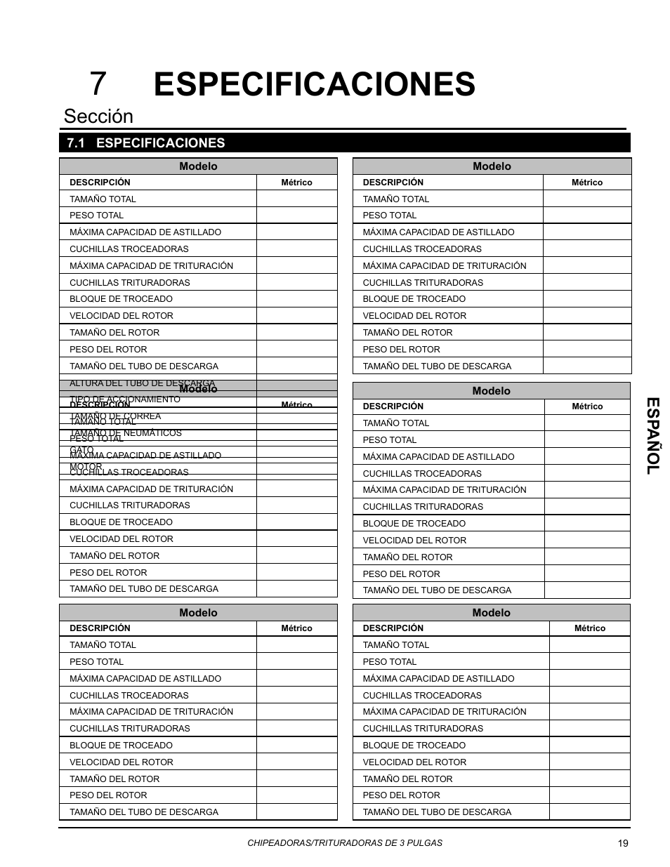 Especificaciones, 1 especificaciones, Especificaciones 7 | Sección, Esp añol | Echo Bear Cat SC3270T User Manual | Page 23 / 47