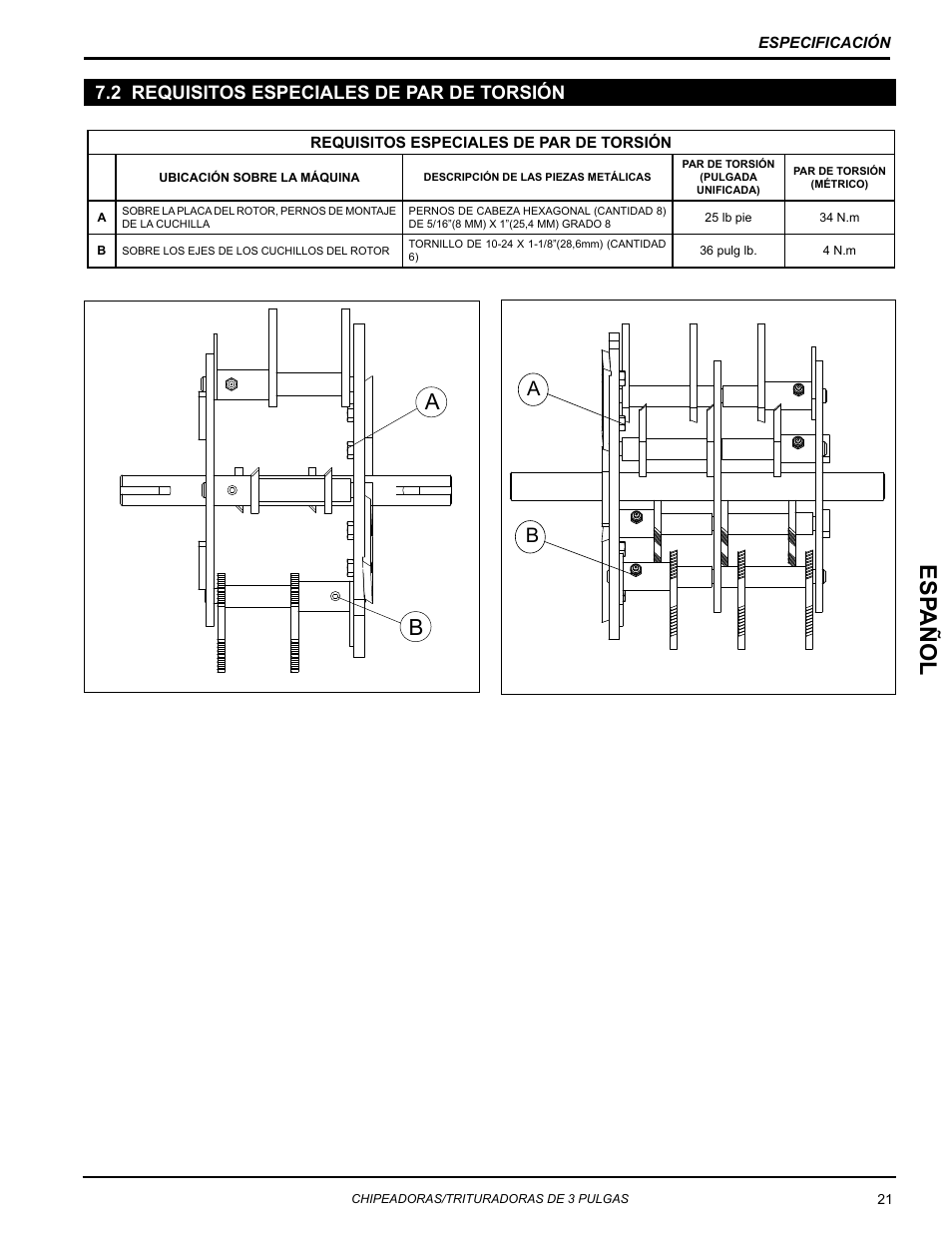 3 requisitos especiales de par de torsión, 2 requisitos especiales de par de torsión, Esp añol | Echo Bear Cat SC3270T User Manual | Page 25 / 47