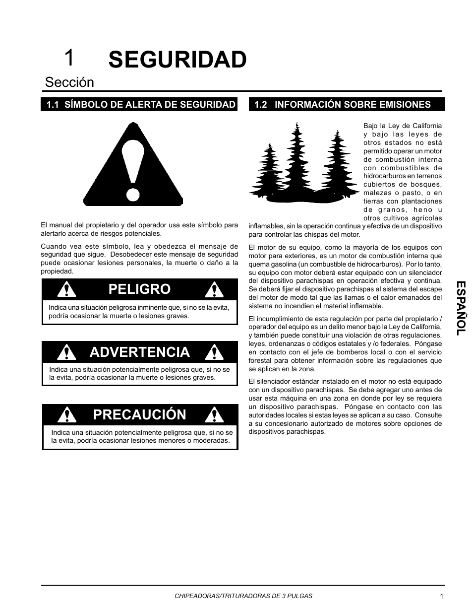 Seguridad, 1 símbolo de alerta de seguridad, 2 información sobre emisiones | Seguridad 1, Sección, Peligro, Advertencia precaución, Esp añol | Echo Bear Cat SC3270T User Manual | Page 5 / 47