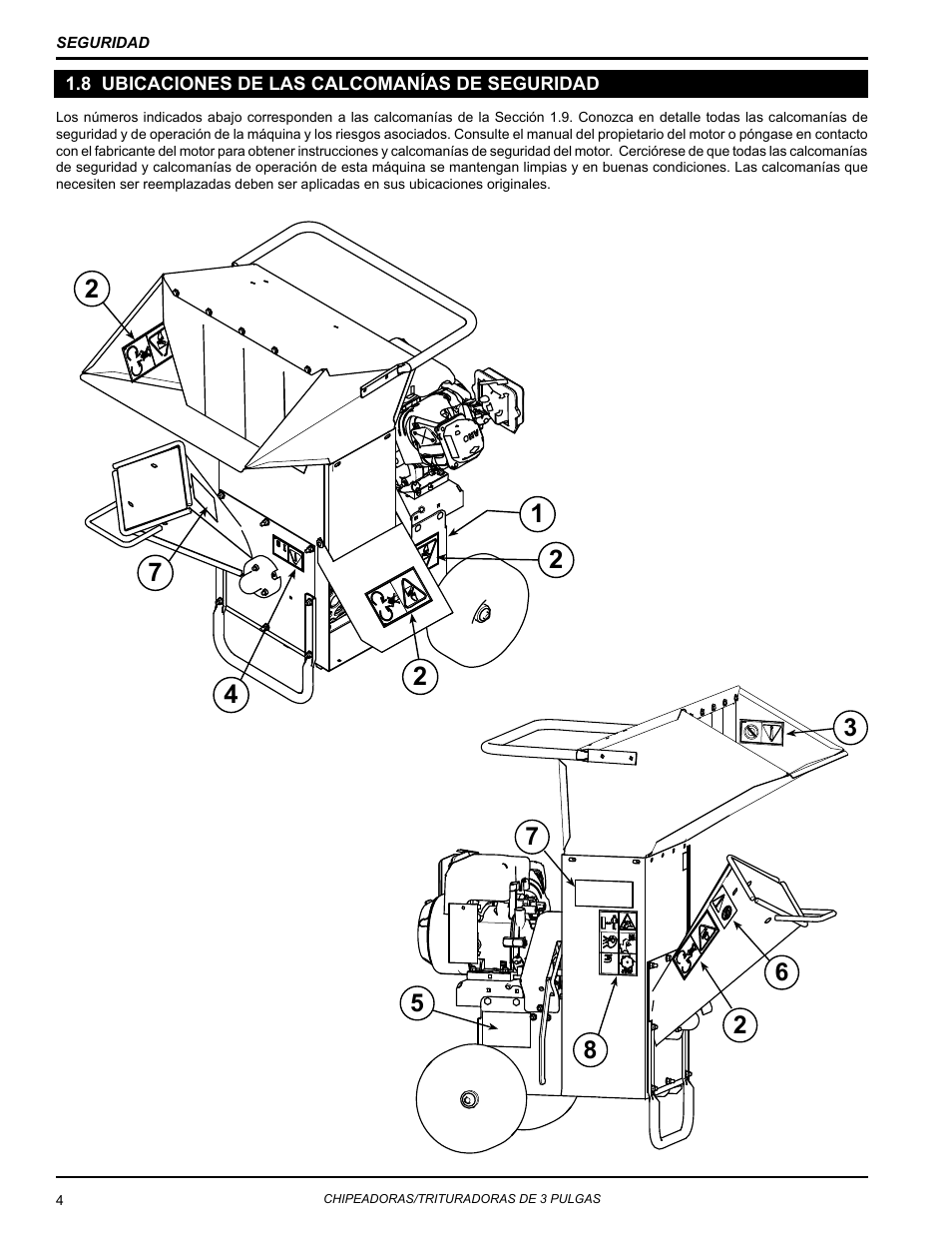 8 ubicaciones de las calcomanías de seguridad, Guridad | Echo Bear Cat SC3270T User Manual | Page 8 / 47