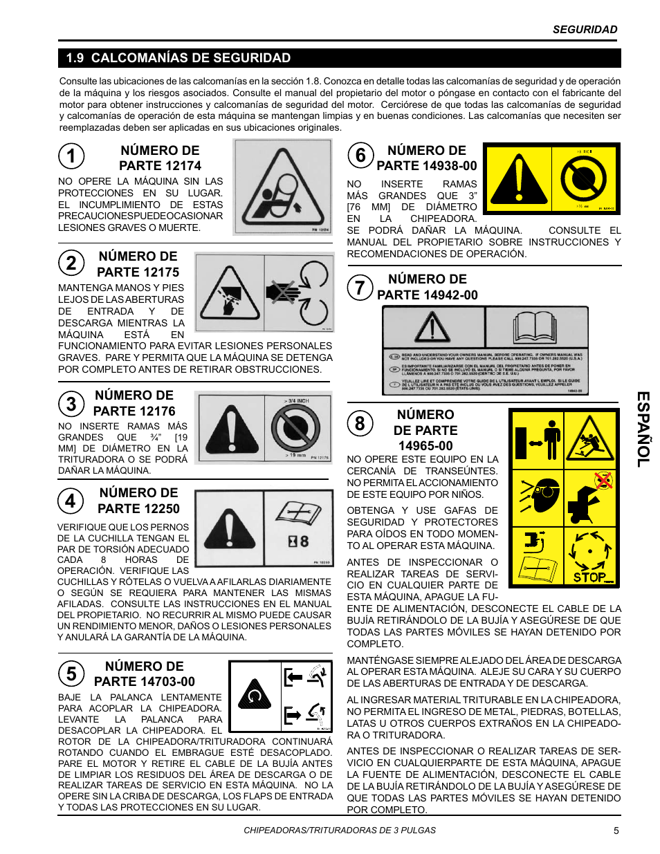 9 calcomanías de seguridad, Esp añol | Echo Bear Cat SC3270T User Manual | Page 9 / 47