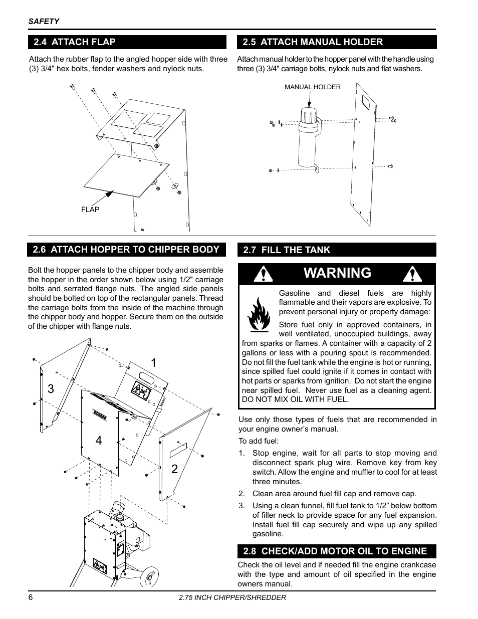 4 attach flap, 6 attach hopper to chipper body, 5 attach manual holder | 7 fill the tank, 8 check/add motor oil to engine, Warning | Echo Bear Cat SC2206 User Manual | Page 10 / 28