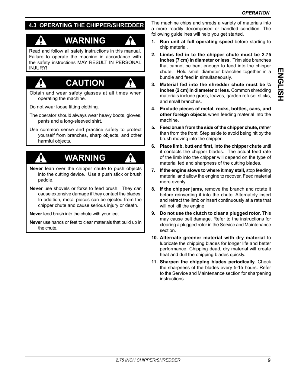 3 operating the chipper/shredder, Warning caution, Warning | Engli sh | Echo Bear Cat SC2206 User Manual | Page 13 / 28