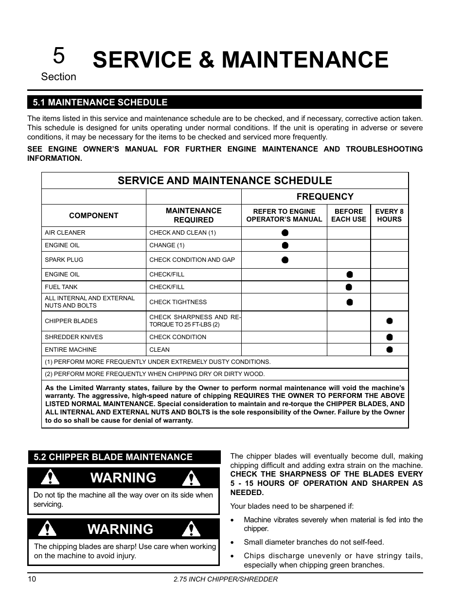 Service & maintenance, 1 maintenance schedule, 2 chipper blade maintenance | 5 service & maintenance, Warning, Service and maintenance schedule | Echo Bear Cat SC2206 User Manual | Page 14 / 28